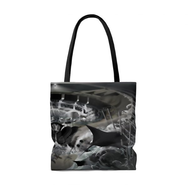 large tote bag with artwork titled below ski level printed on entire surface. Artwork depicts a fantasy ski resort below the surface of the ocean.