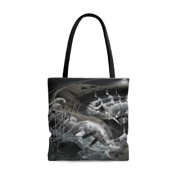 large tote bag with artwork titled below ski level printed on entire surface. Artwork depicts a fantasy ski resort below the surface of the ocean.