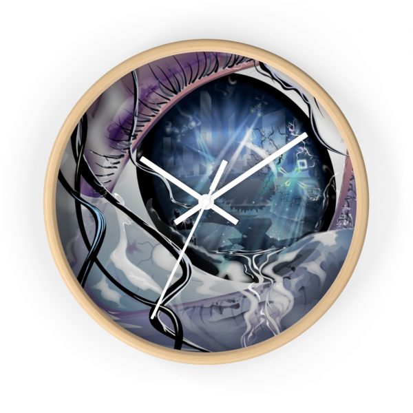 circular wall clock with artwork depicting a large mysterious human eye.